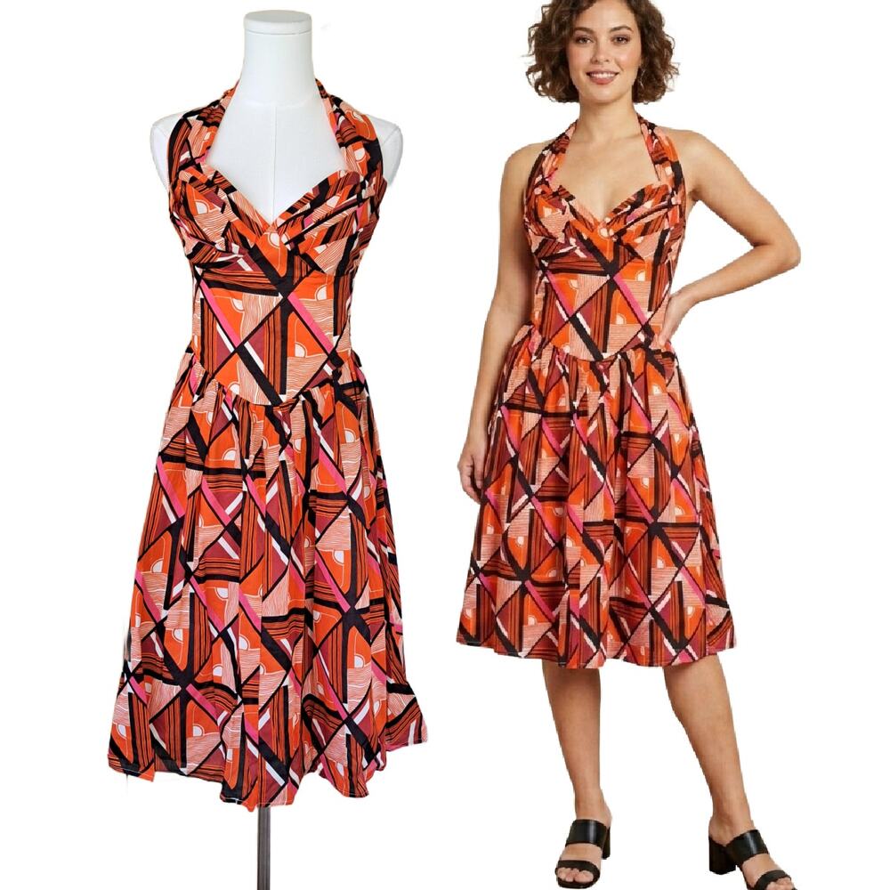 Line & Dot Anthropologie Orange Geometric Halter Midi Dress Large Retro
